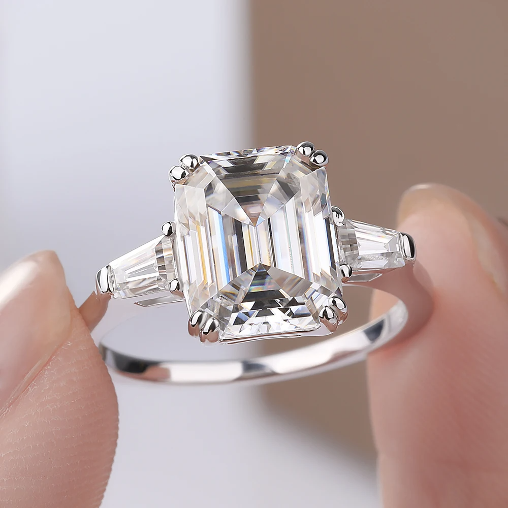 Emerald Cut Three Stone Side Baguettes Moissanite Ring