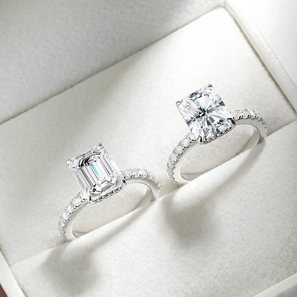 Emerald Cut Halo Moissanite Ring