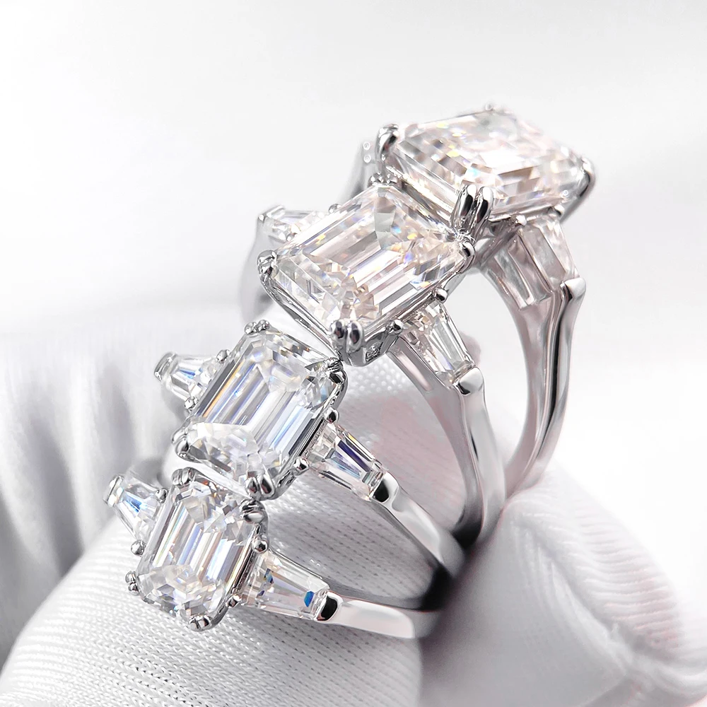 Emerald Cut Three Stone Side Baguettes Moissanite Ring