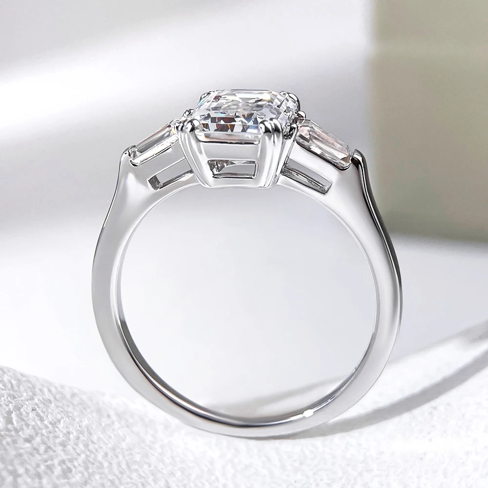 Emerald Cut Three Stone Side Baguettes Moissanite Ring