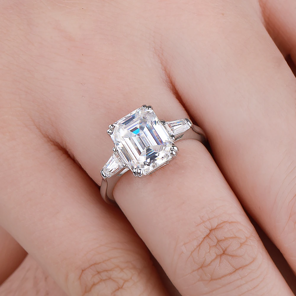 Emerald Cut Three Stone Side Baguettes Moissanite Ring
