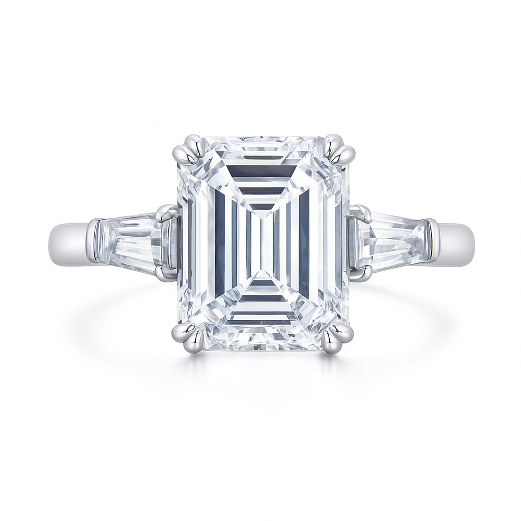Emerald Cut Three Stone Side Baguettes Moissanite Ring