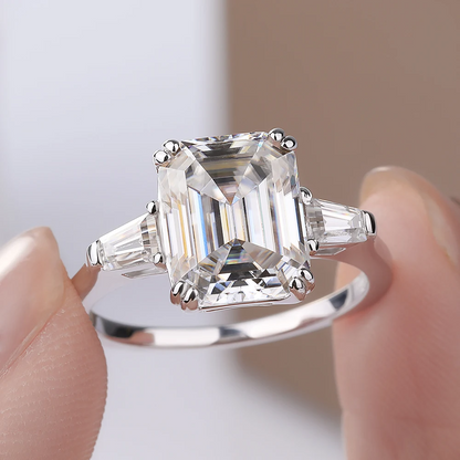 Emerald Cut Three Stone Side Baguettes Moissanite Ring