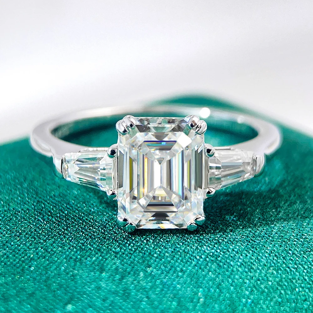 Emerald Cut Three Stone Side Baguettes Moissanite Ring