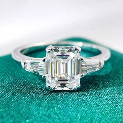Emerald Cut Three Stone Side Baguettes Moissanite Ring