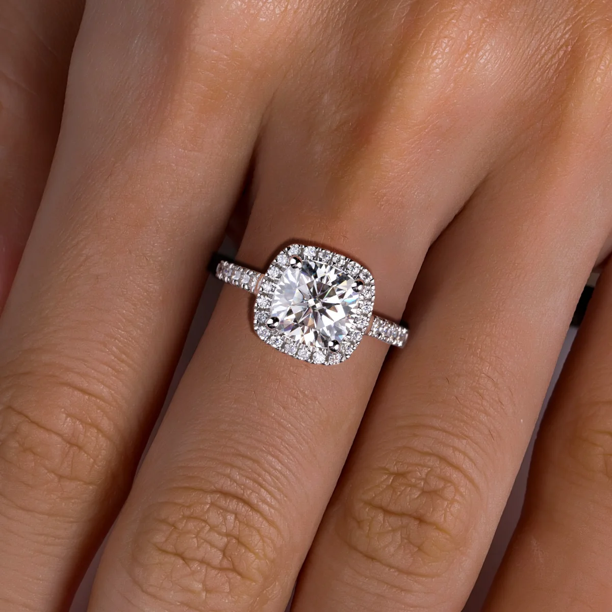 Cushion Cut Moissanite Halo Band Ring
