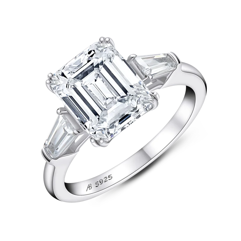 Emerald Cut Three Stone Side Baguettes Moissanite Ring