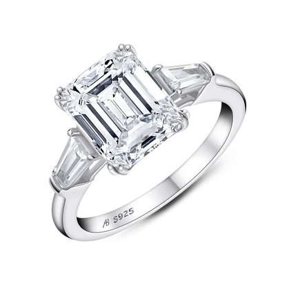 Emerald Cut Three Stone Side Baguettes Moissanite Ring