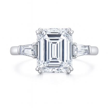 Emerald Cut Three Stone Side Baguettes Moissanite Ring