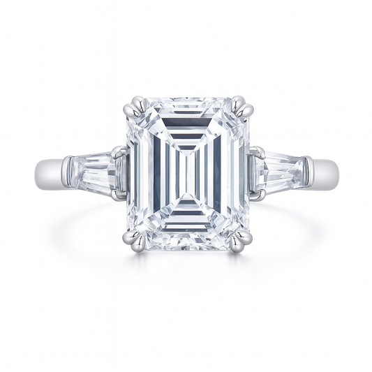Emerald Cut Three Stone Side Baguettes Moissanite Ring